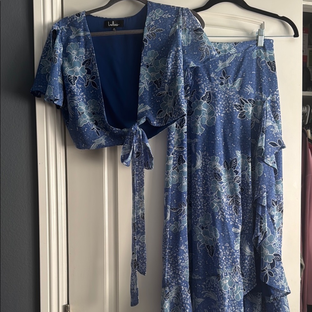 Lulu's Blue and White Floral Midi flowy skirt and matching blouse